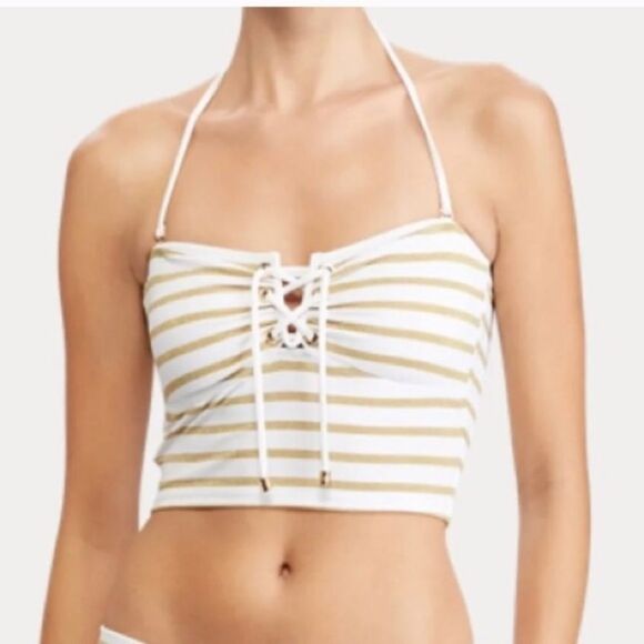 NWT Lauren Ralph Lauren Gold Stripe Tie Top - Picture 1 of 8